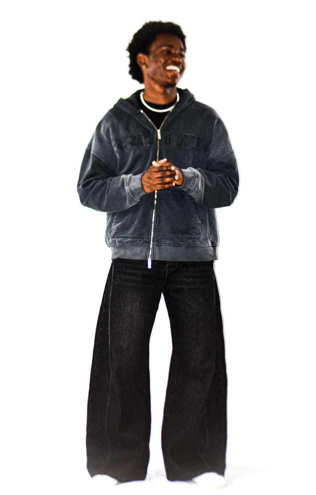 Model wearing men's Black Light Grey Wash baggy barrel jeans