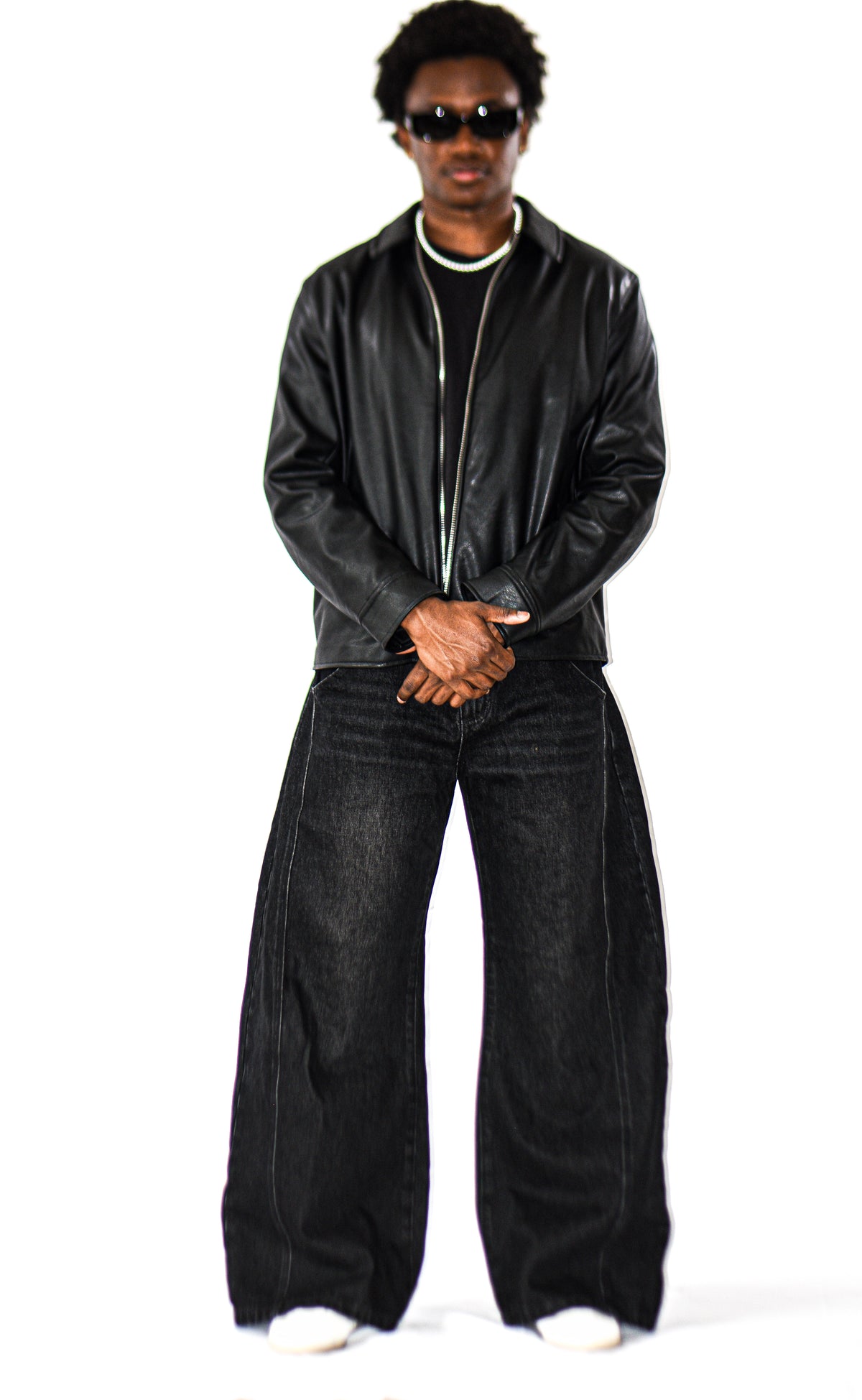 Men's baggy barrel jeans styled in Black Light Grey Wash